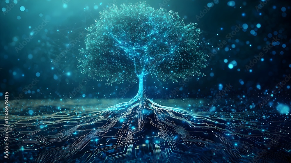 Aufkleber tree of life with technological roots symbolizing of technology in modern life