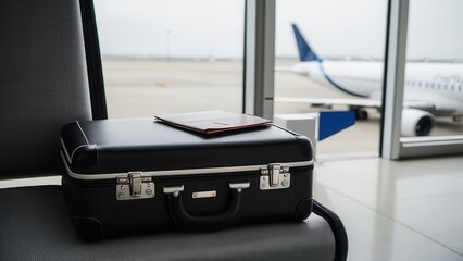 Fototapeta premium The scene captures a professional briefcase and documents, symbolizing business travel at an airport.