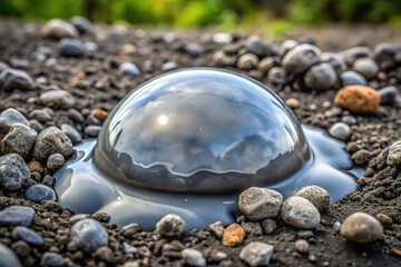 A close-up of a glob of gray slime oozing out from a crack in the ground, with dark gray soil and pebbles surrounding it, gritty texture, crack, organic matter, dark colors