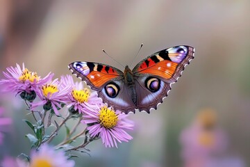Peacock butterfly (Aglais io) on blossom of Aster, Bavaria, Germany, Europe with generative ai