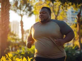 Obraz premium dynamic scene of an overweight man energetically running, determined expression on his face, sweat glistening, amidst a vibrant city park, emphasizing health and fitness transformation