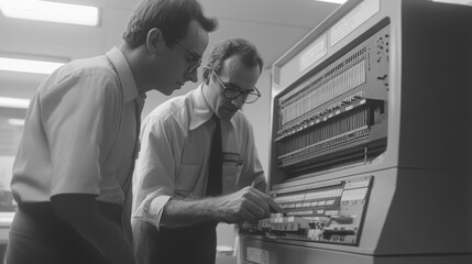 Two engineers working on a large computer with a punch card system in a technology research lab, black and white