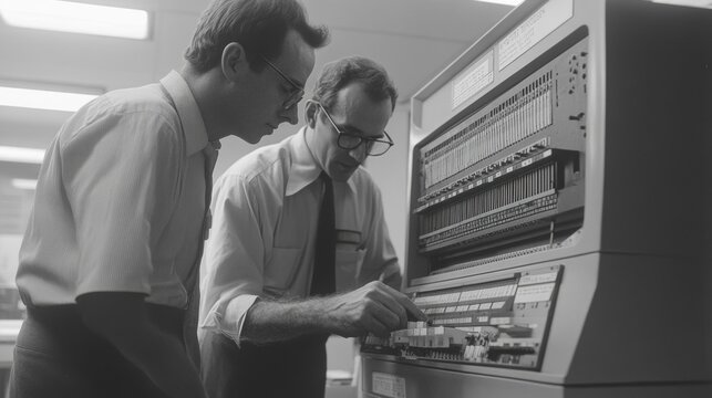 Two engineers working on a large computer with a punch card system in a technology research lab, black and white