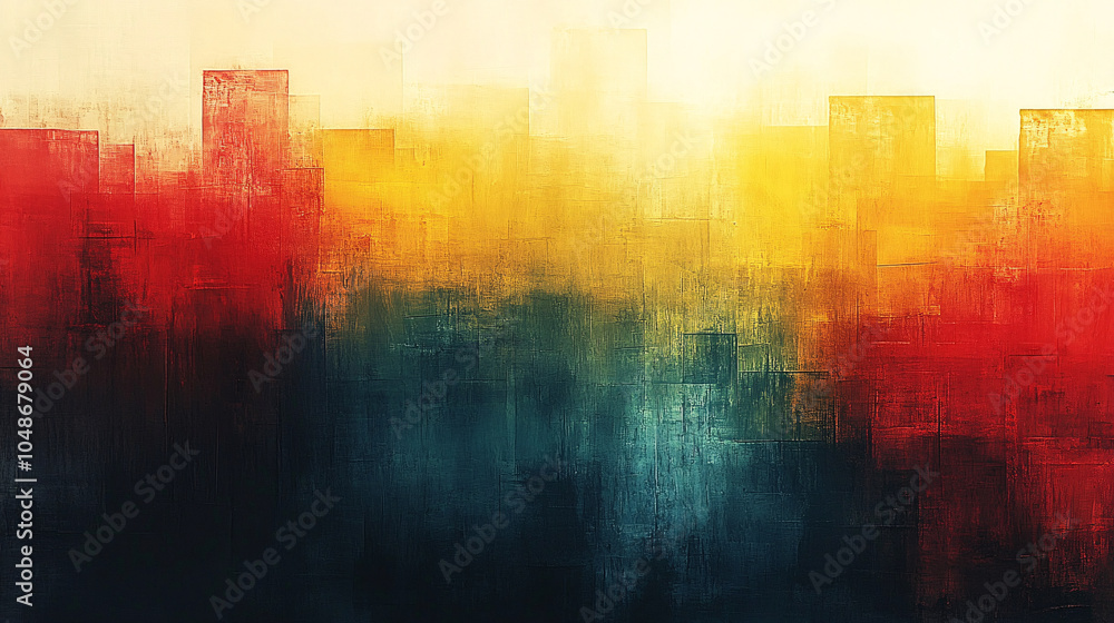 Poster a blend of yellow, red, and blue rectangles creating an abstract cityscape, evoking warmth and depth