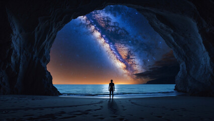 Fototapeta premium Digital artwork showcasing a serene beach scene with a person silhouetted against the breathtaking Milky Way galaxy