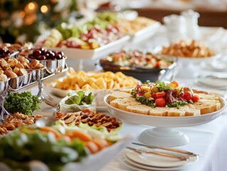 elegant catering banquet table beautifully adorned with an array of delicious snacks and appetizers, set for a corporate event or wedding party, exuding sophistication and culinary delight