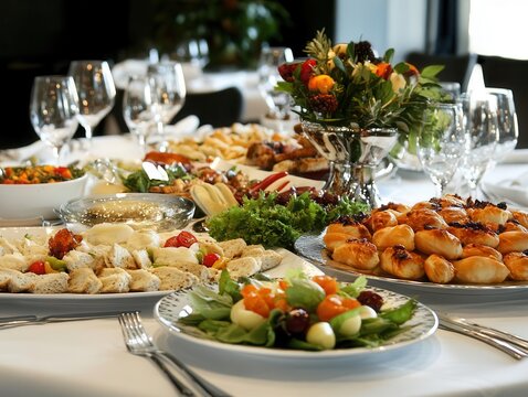 elegant catering banquet table beautifully adorned with an array of delicious snacks and appetizers, set for a corporate event or wedding party, exuding sophistication and culinary delight
