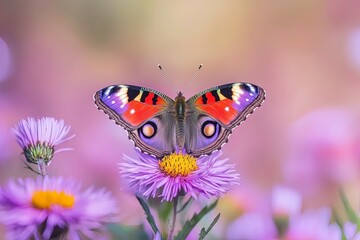 Obraz premium Peacock butterfly (Aglais io) on blossom of Aster, Bavaria, Germany, Europe with generative ai