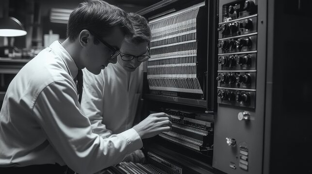 Pioneers of Computing: Engineers Working on a Punch Card System in a Technology Lab