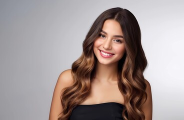 Naklejka premium Portrait of a beautiful young Caucasian woman with wavy brunette hair, wearing a black attractive dress, isolated on a grey background