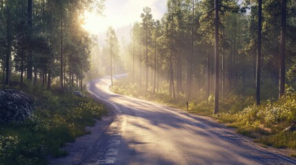 Fototapeta premium highway into Silent Forest in spring with beautiful bright sun rays