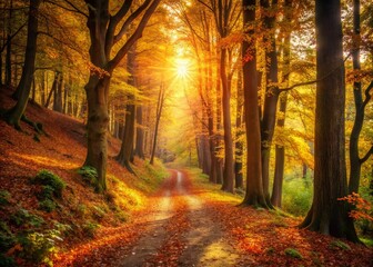 Fototapeta premium Sunlit Autumn Forest Path with Fallen Leaves - Tranquil Woodland Scene in Warm Earthy Tones
