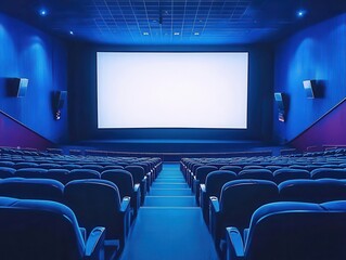 Fototapeta premium empty cinema hall bathed in deep blue light, showcasing a blank white screen. the absence of people emphasizes the stillness, creating a space for imagination