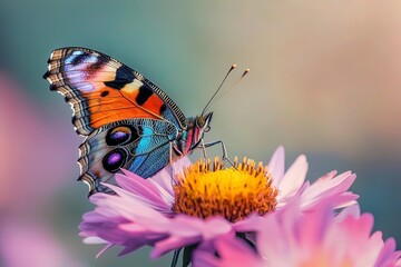 Obraz premium Peacock butterfly (Aglais io) on blossom of Aster, Bavaria, Germany, Europe with generative ai