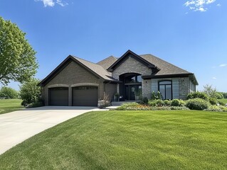 exterior view of a stunning house with a spacious three-car garage and a lush green lawn, basking in sunlight under a clear blue sky, representing modern suburban living at its finest