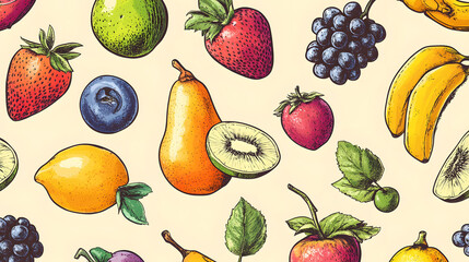 Colorful seamless pattern of fresh fruits and vegetables featuring oranges, apples, lemons, bananas, kiwis, pineapples, mangoes, pears, limes, peaches, and strawberries