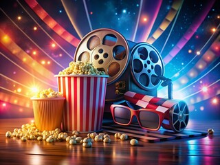 Surreal Cinematic Elements: Movie Theater Experience with Popcorn, Tickets, and Filming Equipment