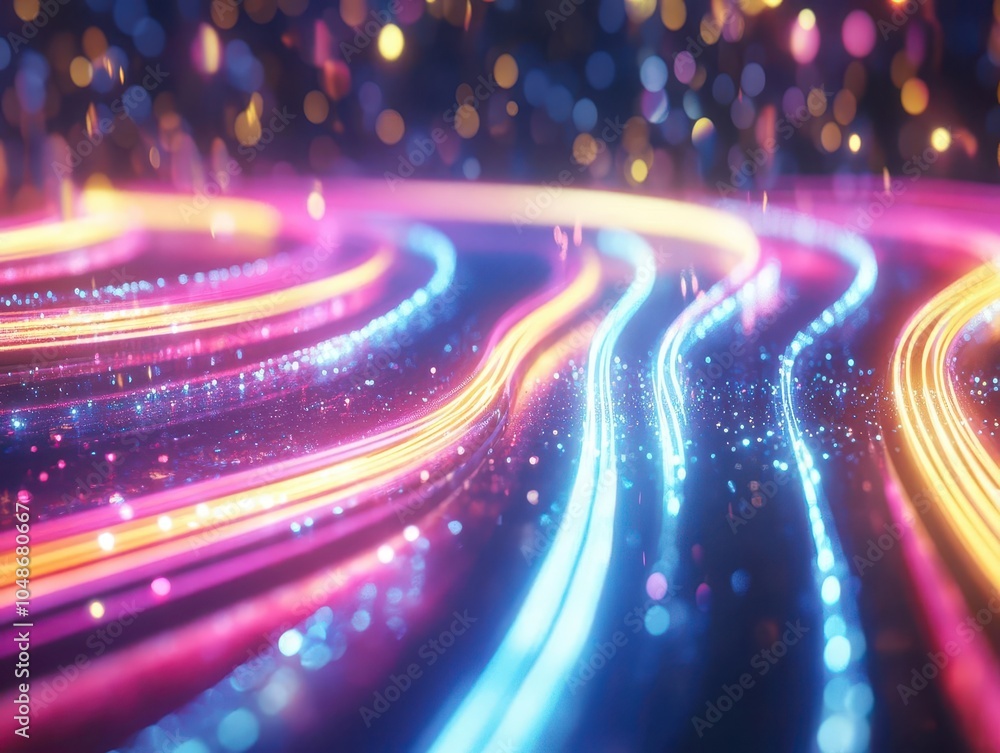 Poster futuristic abstract background with glowing gold, pink, and blue neon lines moving at high speed, cr