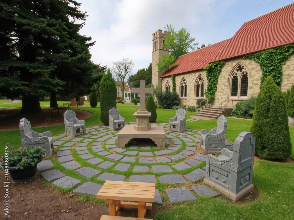 Canvas Prints A stone circle with a cross and several chairs around it. The chairs are arranged in a circle and there is a bench in the middle. The scene has a peaceful and serene atmosphere