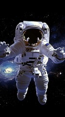 Fototapeta premium Astronaut, space station, aperture, using a soft 3D style, purple, blue color palette, trace neon colors, warm lighting, sharp edges, movie style, vibrant colors