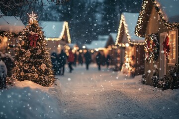 Snowy evening street decorated for Christmas with lights.