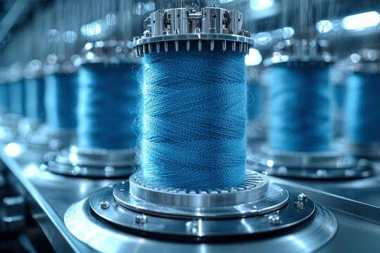 Blue Yarn Spools on Industrial Knitting Machine