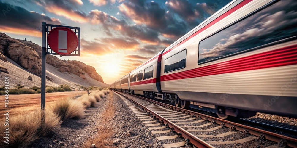 Poster Surreal Fast Train Ride Animation Around Empty Sign in 3D Render for Stunning Visual Experience