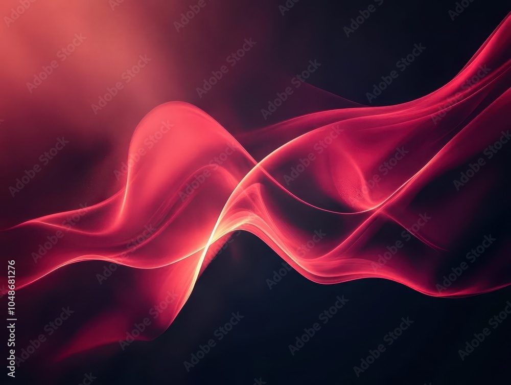 Poster glowing red abstract wave shape on a dark grainy background, creating a striking visual contrast, pe