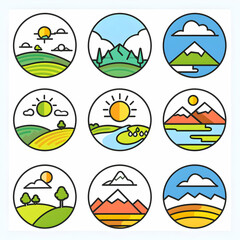 Nine colorful line art icons depicting different types of landscapes fields, mountains, rivers, and sun.