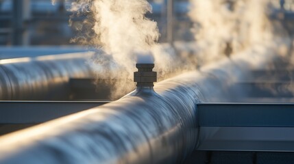 Steam rising from industrial pipes at a facility during early morning hours, showcasing the energy and heating processes in action
