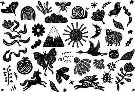 nature linocut style illustration set with rainbow birds rabbit snake moon sun sheep bloom wildflowers mount goose foliage in black and white colors, vector design set