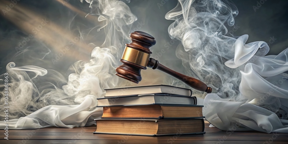 Poster surreal judge's gavel with books on gray background - justice concept in abstract photography