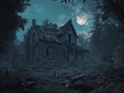 haunting scene of an old, decrepit house in a dark forest illuminated by eerie moonlight, creating a chilling atmosphere filled with suspense and mystery