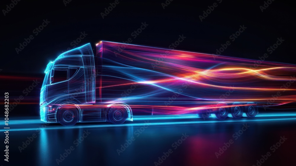 Poster light streaks shaped like a truck in motion over a dark background with smooth curved lines in a fut