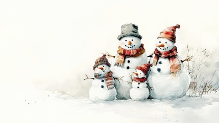 Charming Family of Four Snowmen Wearing Winter Hats and Scarves, Enjoying a Snowy Day Together, Depicting Warmth, Joy, and Togetherness in a Serene Winter Setting