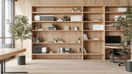 Obraz premium A modern office interior featuring wooden bookshelf filled with plants and books, complemented by sleek desk and computer setup. warm tones create welcoming atmosphere