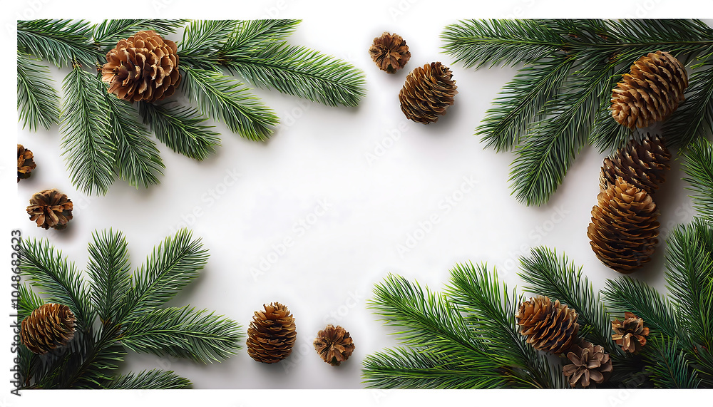Poster christmas fir branches create a festive flat lay with pine cones on a white background for _1(99)