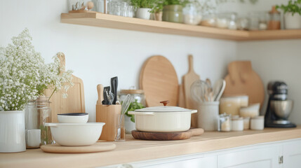 A beautifully arranged kitchen countertop featuring wooden shelves, various kitchen utensils, and decorative plants. serene atmosphere invites creativity and warmth in cooking
