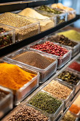 A vibrant display of various spices and herbs in clear containers showcases rich array of colors and textures, inviting culinary creativity and exploration