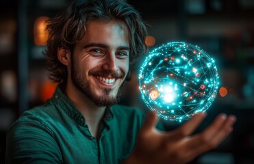 Naklejka premium Smiling Man Holding Futuristic Holographic Object in Green Shirt
