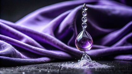 A lavender mist hangs in the air as a droplet of purple liquid falls from a delicate crystal pendant onto a black velvet cloth, dripping, pendant