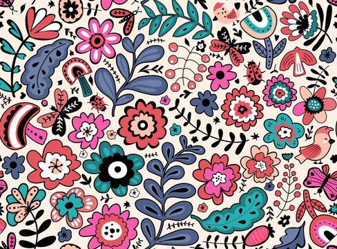 Fototapeta scandi folk art flowes botanicals seamless pattern in muted pastel colors on beige background seamless pattern