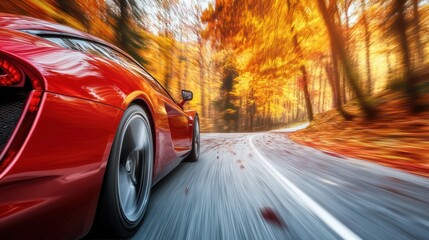 Luxurious sports car is speeding down a scenic forest road with colorful autumn foliage