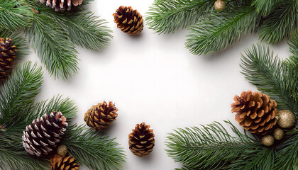 Christmas fir branches create a festive flat lay with pine cones on a white background for _1(94)