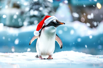 Fototapeta premium A penguin wearing a Santa hat stands on snowy ground. The scene is festive with snowflakes falling and a wintery background, creating a cheerful Christmas atmosphere