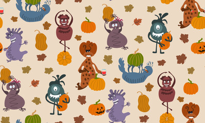 Obraz premium halloween cute funny monsters and pumpkins seamless pattern