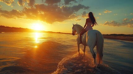 A Dreamy Sunset on a Beautiful Beach with a White Horse and Girl in Light Pink Dress, Emotional Bond, Golden Sunlight, and Serene, Vibrant Atmosphere of Freedom and Tranquility