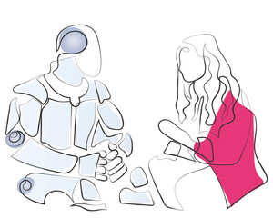 Hand drawn line art vector of a woman talking to a robot. emotional intelligence and AI.hand drawn line art vector of a robot working among office colleagues. working environment and changes in it due