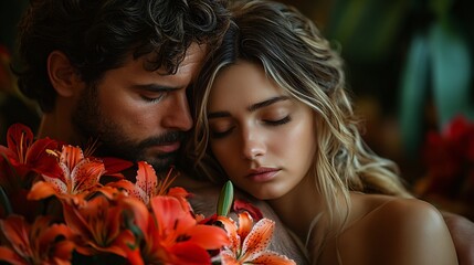 Grieving Couple Embracing Among Flowers