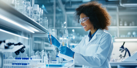 A scientist in laboratory smiles while holding test tubes filled with colorful liquids, showcasing her enthusiasm for research and discovery